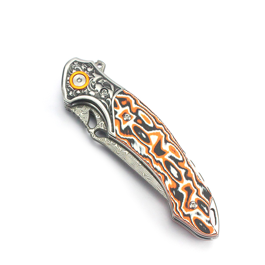 Tunafire GT-DM024 Flipper Folding Knife 3.27" Damascus steel Blade Orang white fiber Handle Survival Camping Pocket Knife