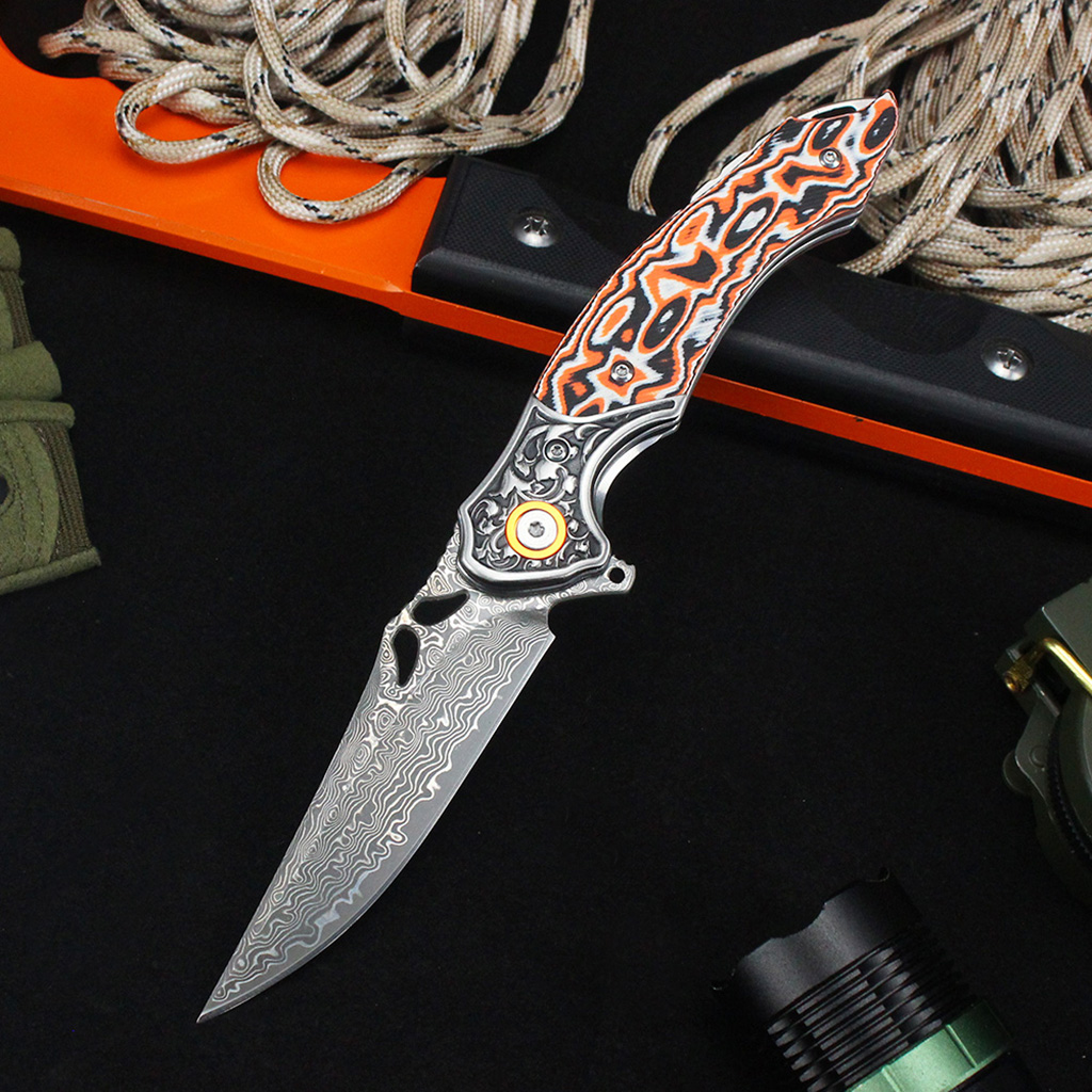 Tunafire GT-DM024 Flipper Folding Knife 3.27" Damascus steel Blade Orang white fiber Handle Survival Camping Pocket Knife