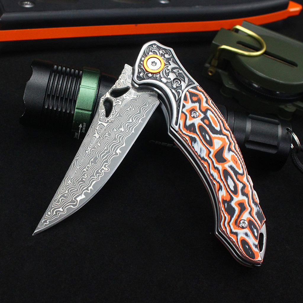 Tunafire GT-DM024 Flipper Folding Knife 3.27" Damascus steel Blade Orang white fiber Handle Survival Camping Pocket Knife