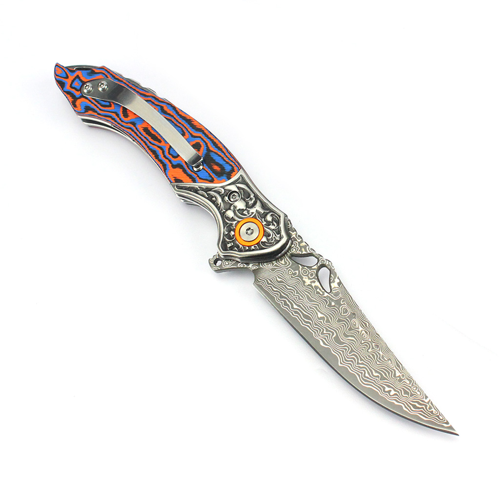 Tunafire Knives 3.27" Damascus Blade Orange Blue fiber Handle Tactical Survival Pocket Folding Knife GT-DM024