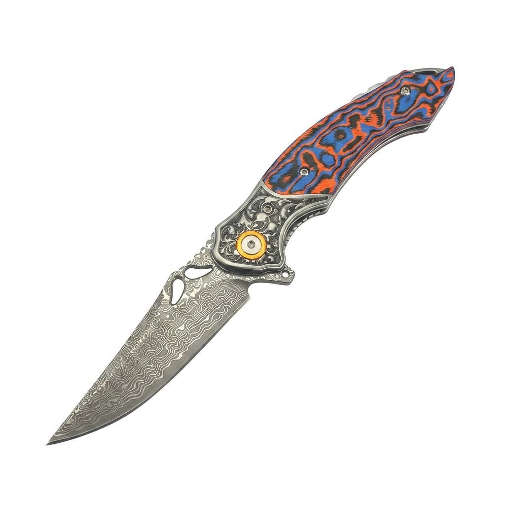Tunafire Knives 3.27" Damascus Blade Orange Blue fiber Handle Tactical Survival Pocket Folding Knife GT-DM024