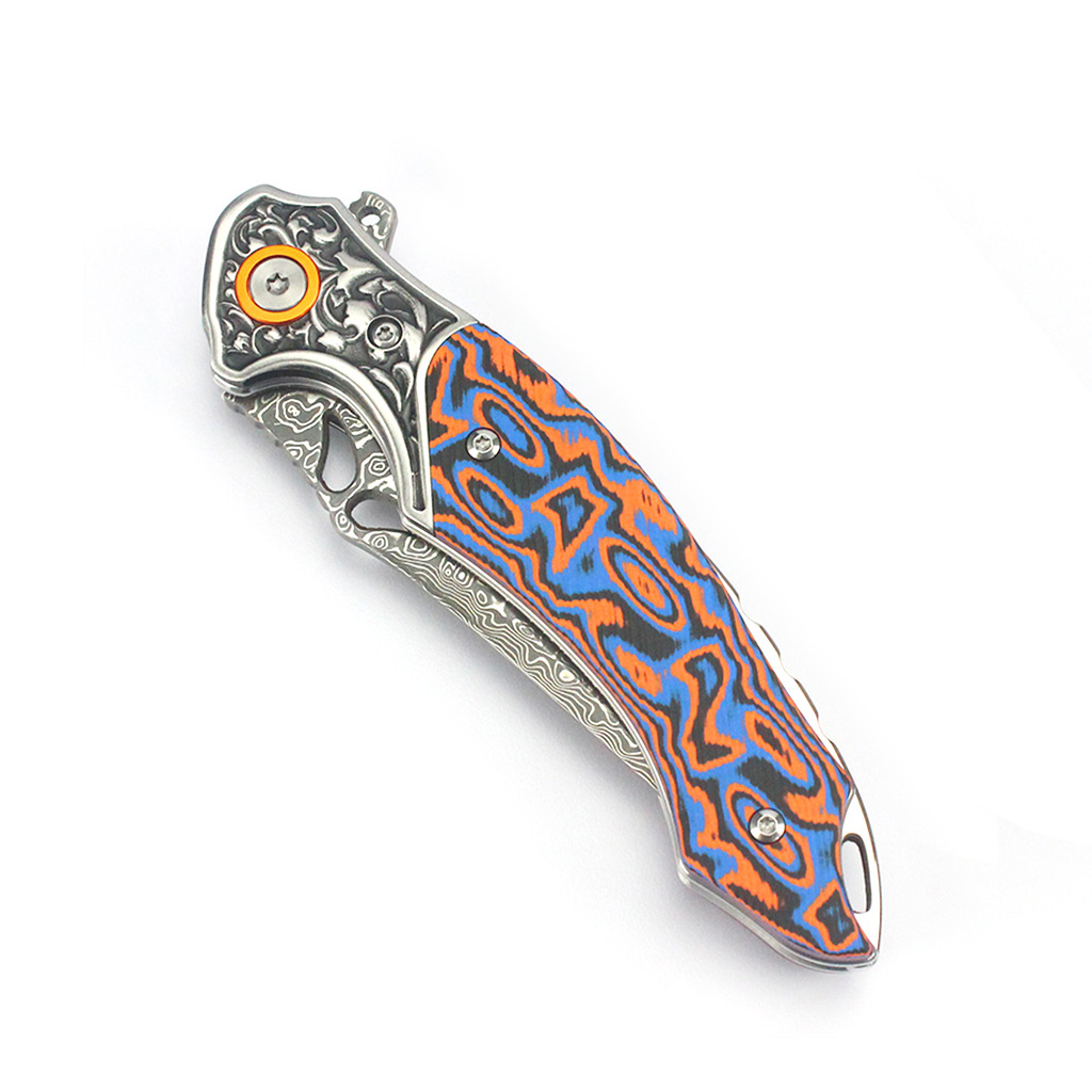 Tunafire Knives 3.27" Damascus Blade Orange Blue fiber Handle Tactical Survival Pocket Folding Knife GT-DM024