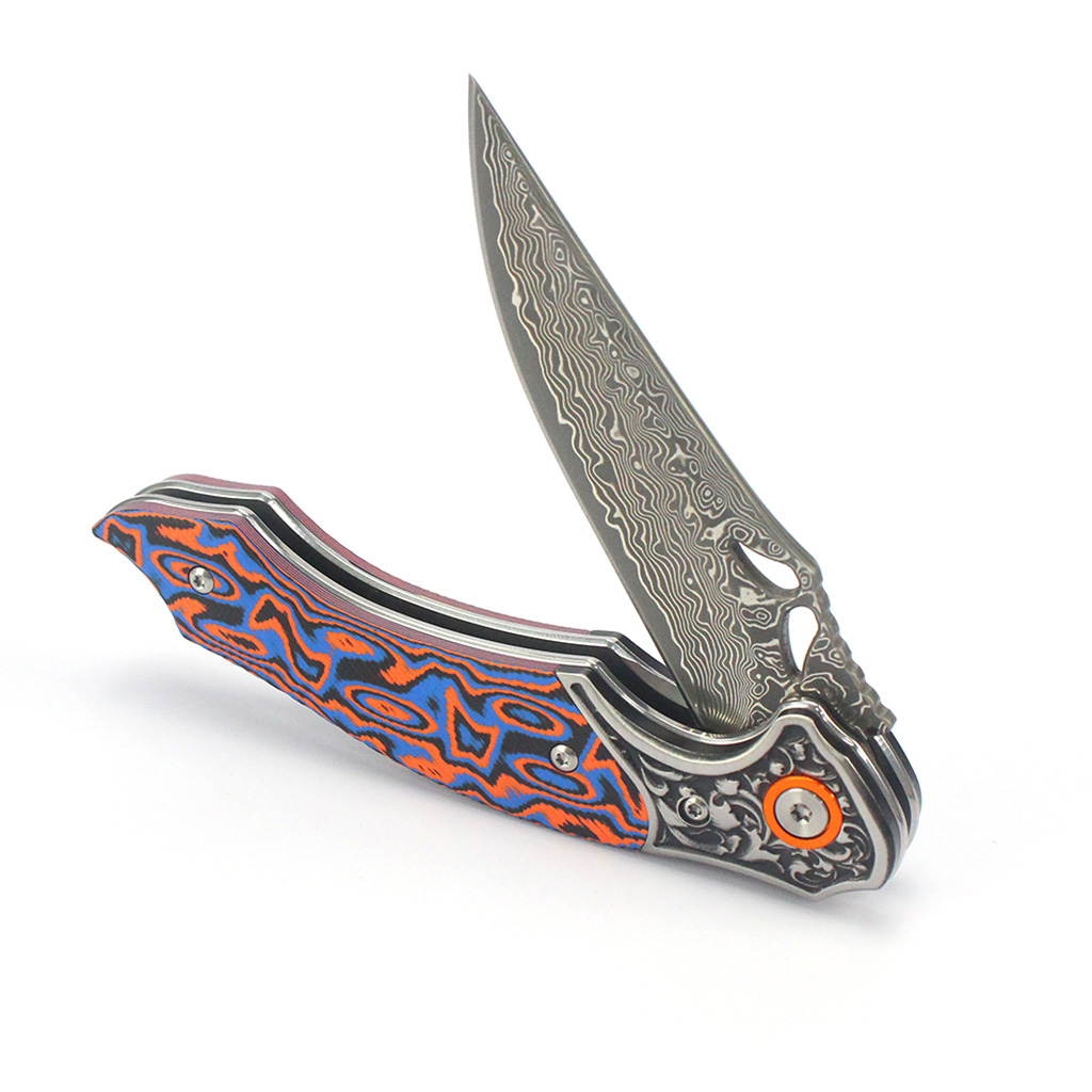 Tunafire Knives 3.27" Damascus Blade Orange Blue fiber Handle Tactical Survival Pocket Folding Knife GT-DM024