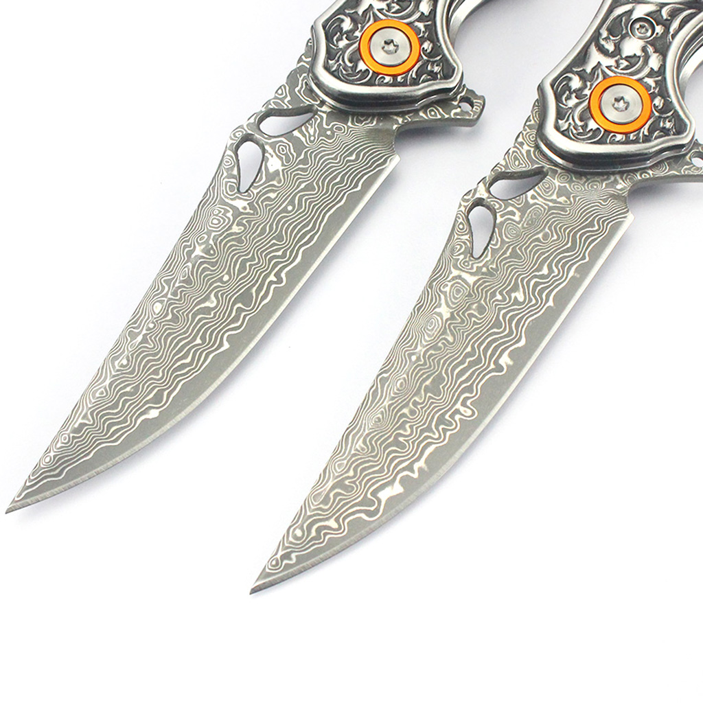 Tunafire Knives 3.27" Damascus Blade Orange Blue fiber Handle Tactical Survival Pocket Folding Knife GT-DM024