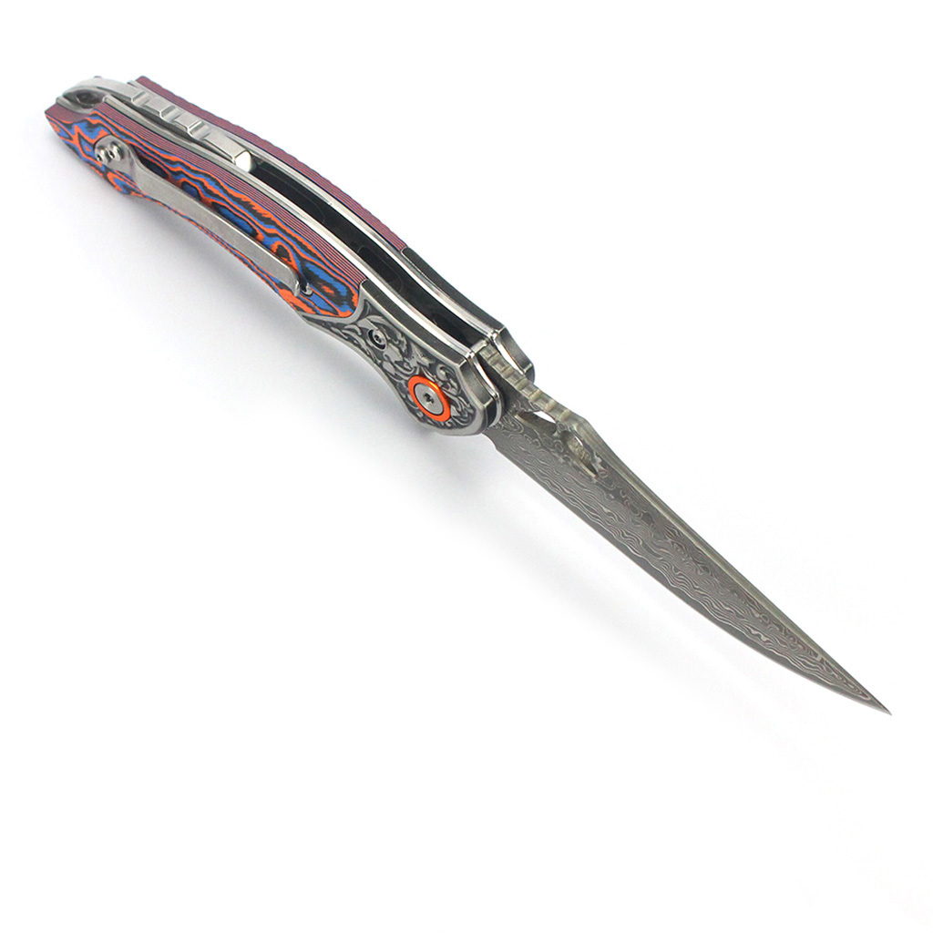Tunafire Knives 3.27" Damascus Blade Orange Blue fiber Handle Tactical Survival Pocket Folding Knife GT-DM024