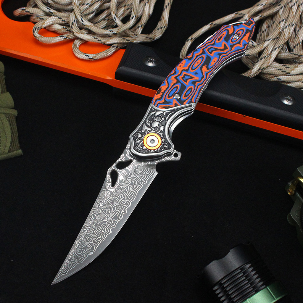 Tunafire Knives 3.27" Damascus Blade Orange Blue fiber Handle Tactical Survival Pocket Folding Knife GT-DM024