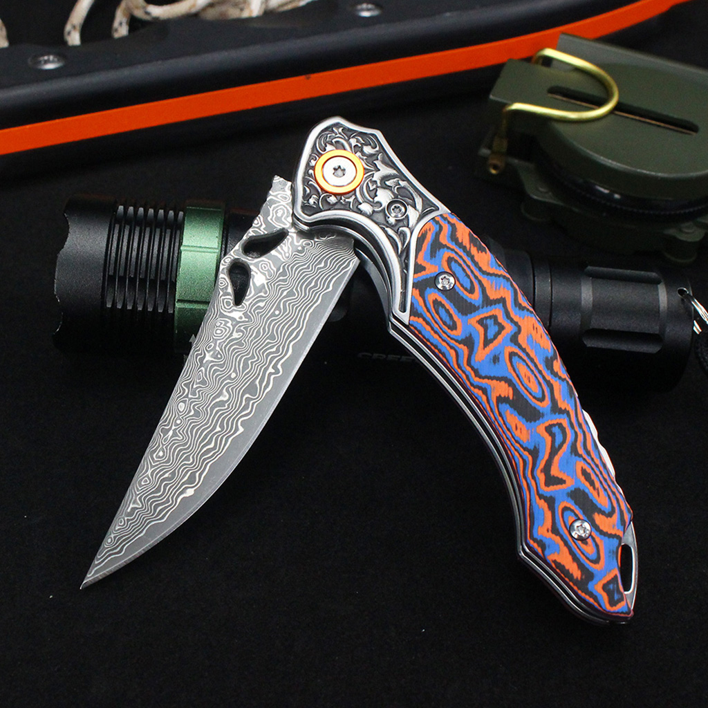 Tunafire Knives 3.27" Damascus Blade Orange Blue fiber Handle Tactical Survival Pocket Folding Knife GT-DM024
