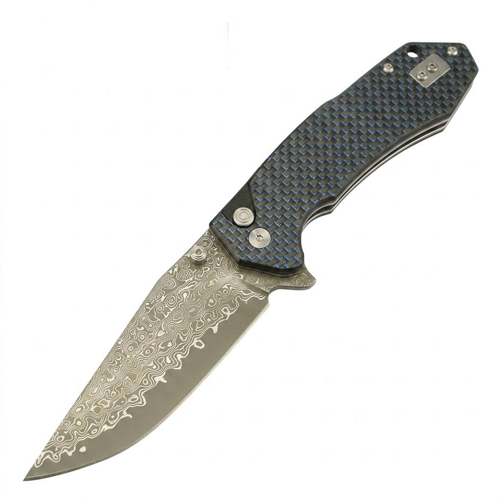 Tunafire Knife GT-T0034-1 3.39"Damascus steel Blade Blue G10 Carbon Fiber Handle Button Liner Lock  Folding Knives