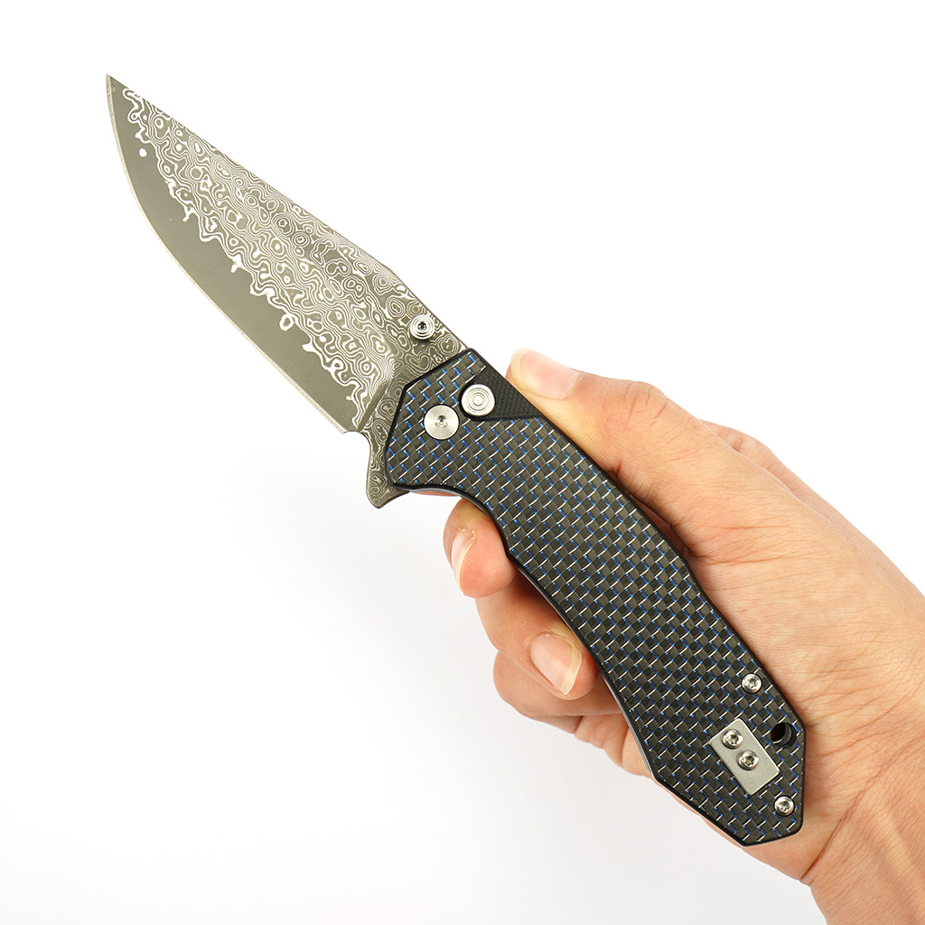 Tunafire Knife GT-T0034-1 3.39"Damascus steel Blade Blue G10 Carbon Fiber Handle Button Liner Lock  Folding Knives
