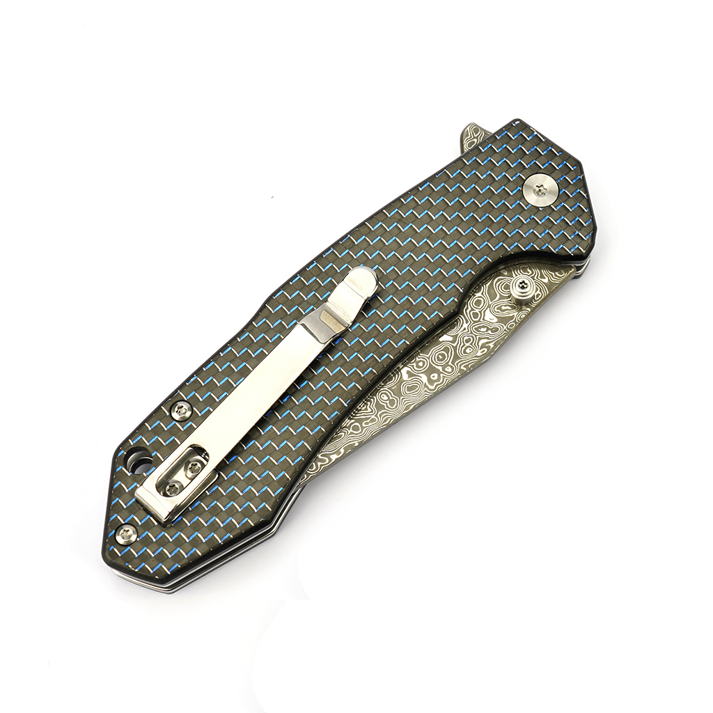 Tunafire Knife GT-T0034-1 3.39"Damascus steel Blade Blue G10 Carbon Fiber Handle Button Liner Lock  Folding Knives