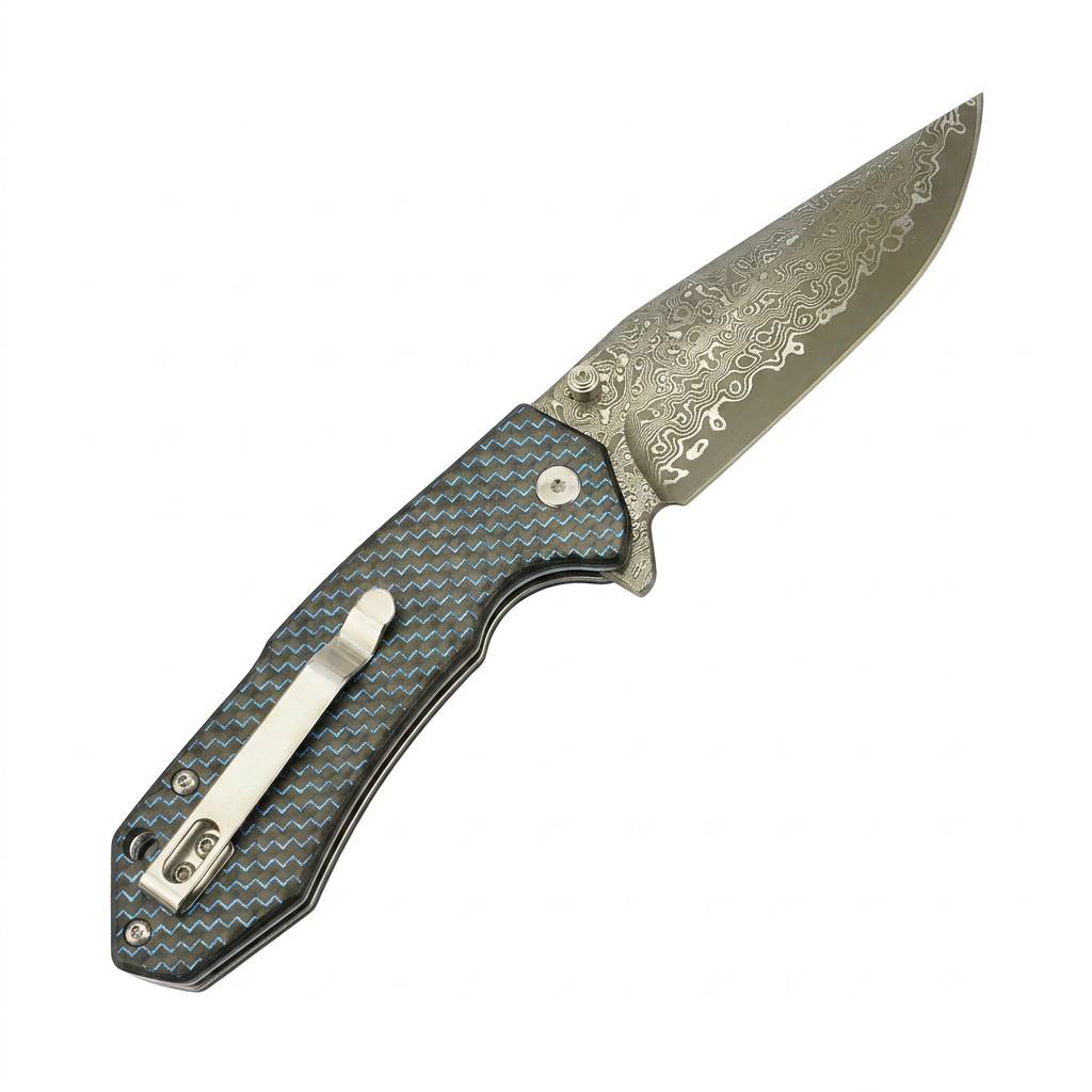 Tunafire Knife GT-T0034-1 3.39"Damascus steel Blade Blue G10 Carbon Fiber Handle Button Liner Lock  Folding Knives
