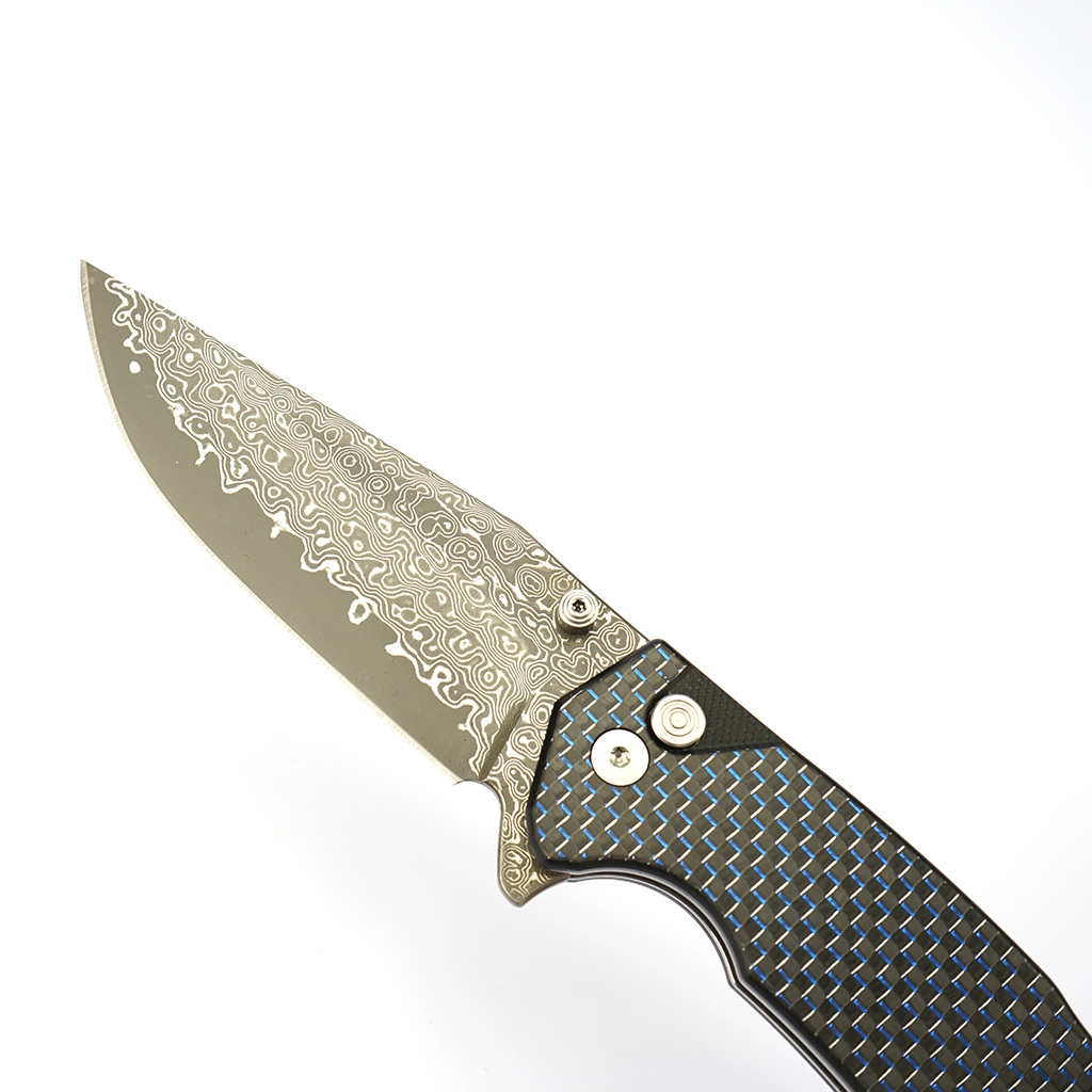 Tunafire Knife GT-T0034-1 3.39"Damascus steel Blade Blue G10 Carbon Fiber Handle Button Liner Lock  Folding Knives
