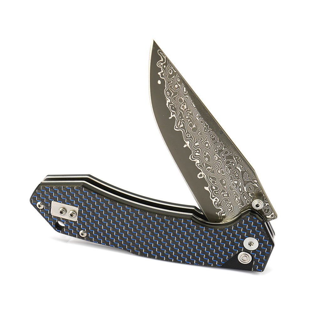 Tunafire Knife GT-T0034-1 3.39"Damascus steel Blade Blue G10 Carbon Fiber Handle Button Liner Lock  Folding Knives