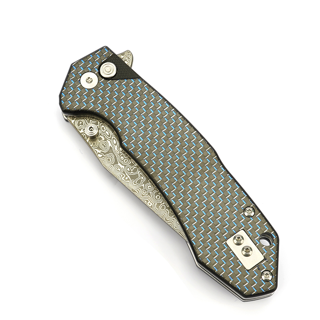Tunafire Knife GT-T0034-1 3.39"Damascus steel Blade Blue G10 Carbon Fiber Handle Button Liner Lock  Folding Knives