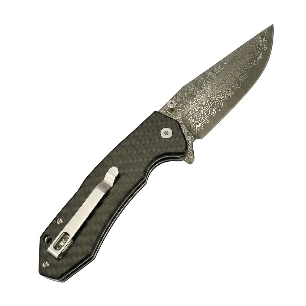 Tunafire Knife GT-T0034-1   3.39"Blade Portable Button Lock Damascus Folding Knife Black G10 Carbon Fiber Handle EDC Tool