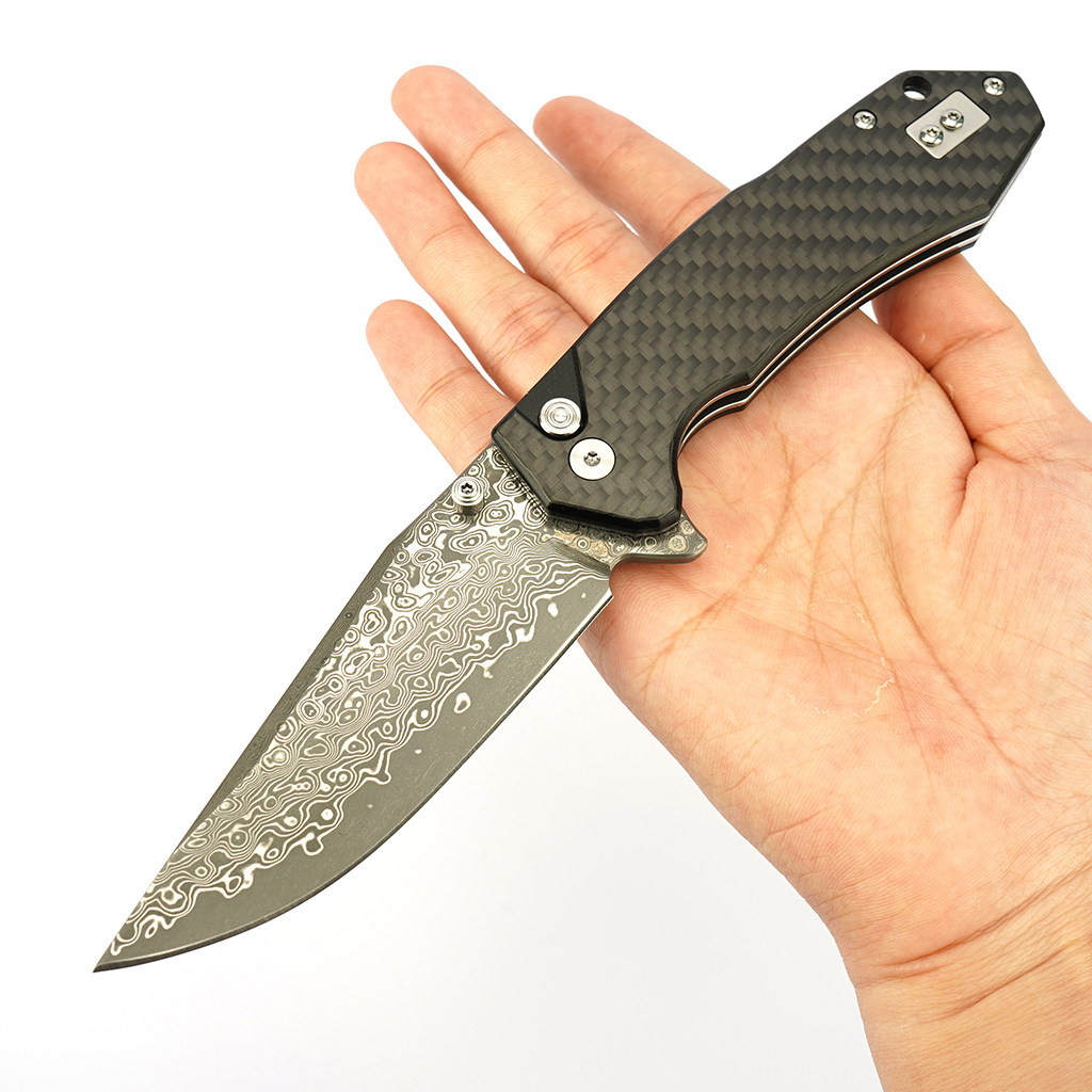 Tunafire Knife GT-T0034-1   3.39"Blade Portable Button Lock Damascus Folding Knife Black G10 Carbon Fiber Handle EDC Tool