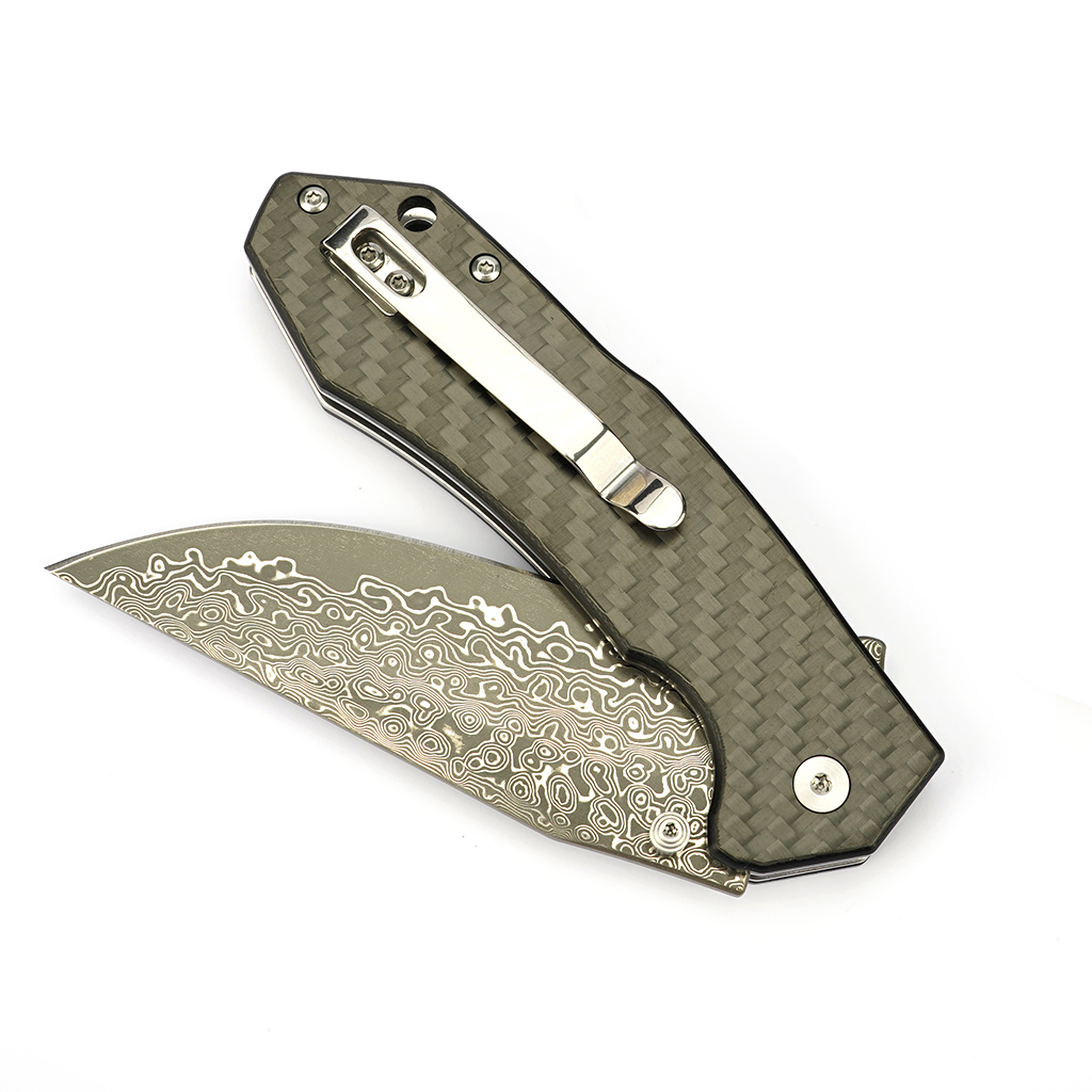 Tunafire Knife GT-T0034-1   3.39"Blade Portable Button Lock Damascus Folding Knife Black G10 Carbon Fiber Handle EDC Tool
