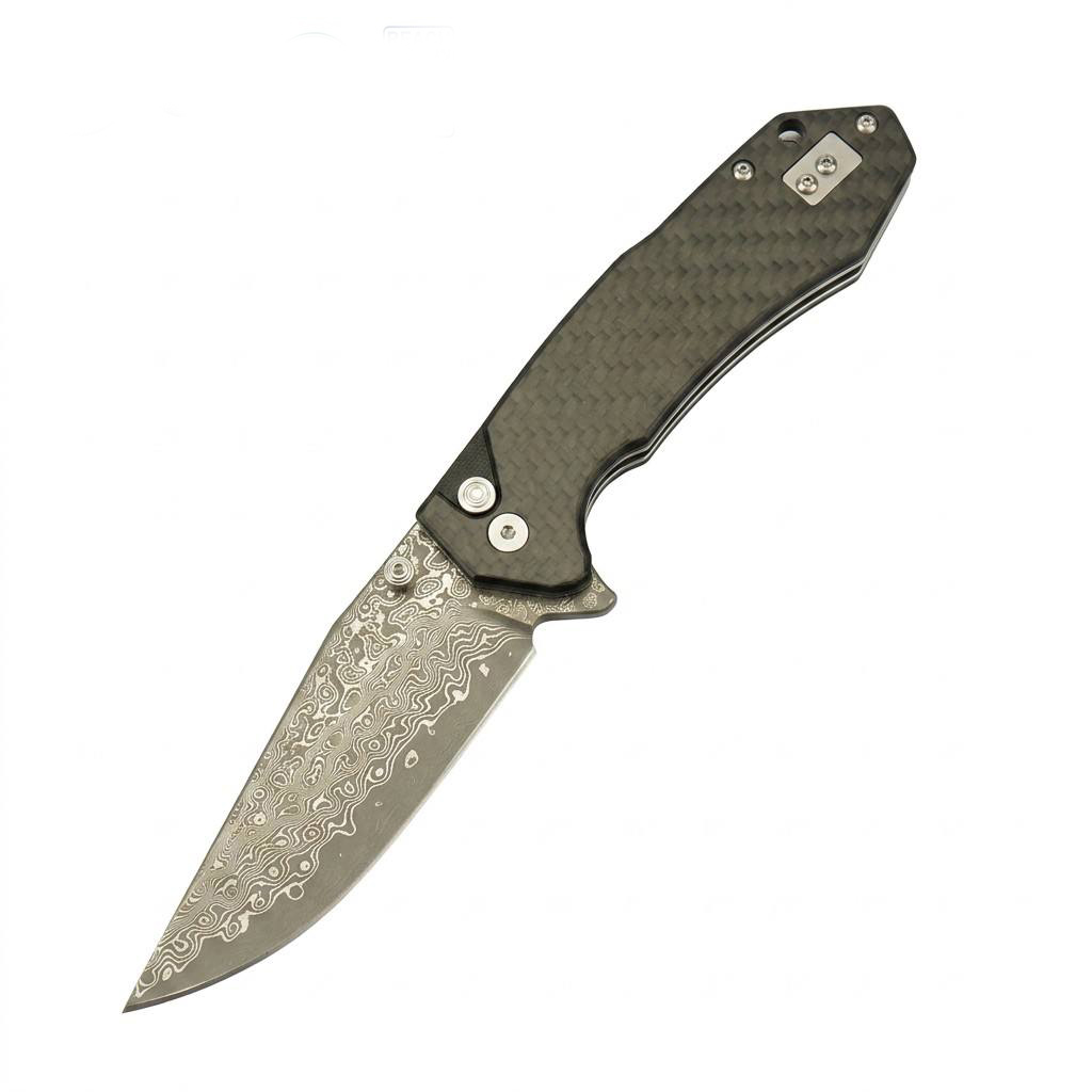 Tunafire Knife GT-T0034-1   3.39"Blade Portable Button Lock Damascus Folding Knife Black G10 Carbon Fiber Handle EDC Tool