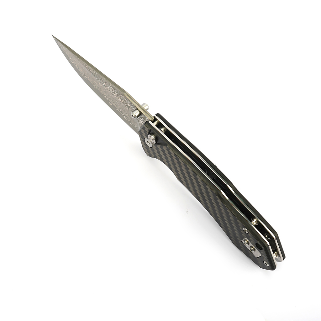Tunafire Knife GT-T0034-1   3.39"Blade Portable Button Lock Damascus Folding Knife Black G10 Carbon Fiber Handle EDC Tool