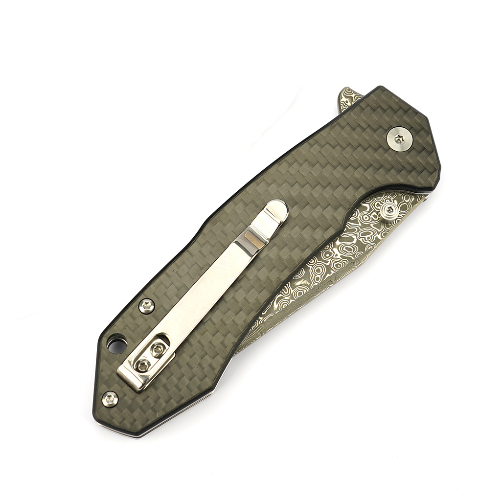 Tunafire Knife GT-T0034-1   3.39"Blade Portable Button Lock Damascus Folding Knife Black G10 Carbon Fiber Handle EDC Tool