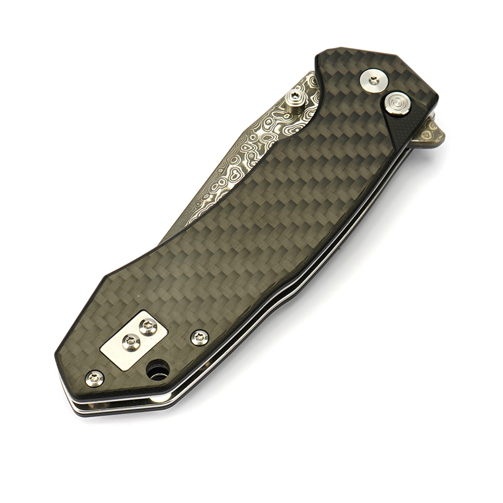 Tunafire Knife GT-T0034-1   3.39"Blade Portable Button Lock Damascus Folding Knife Black G10 Carbon Fiber Handle EDC Tool