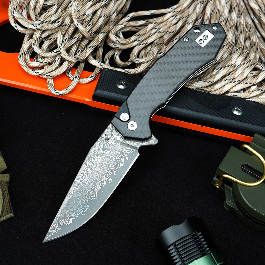 Tunafire Knife GT-T0034-1   3.39"Blade Portable Button Lock Damascus Folding Knife Black G10 Carbon Fiber Handle EDC Tool