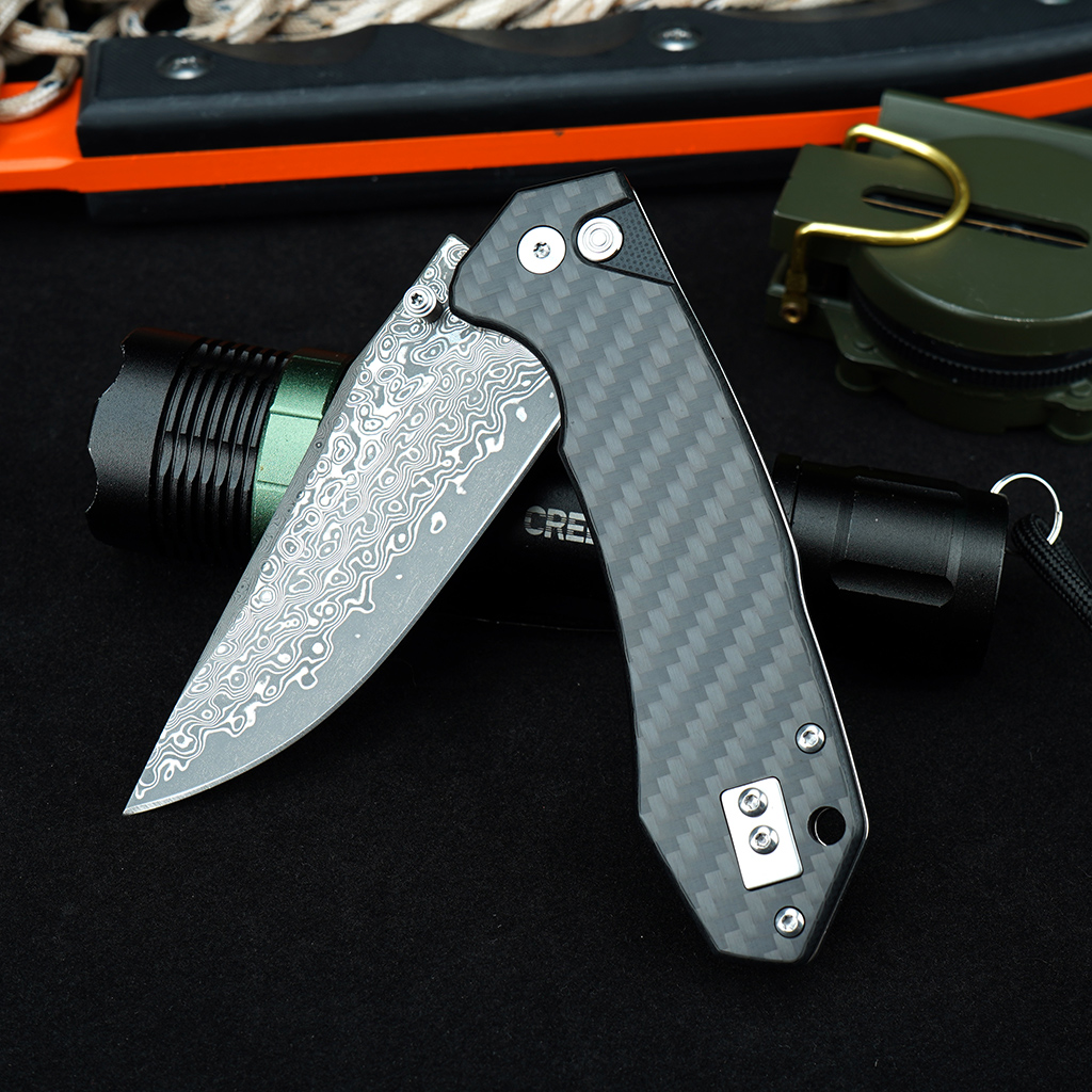 Tunafire Knife GT-T0034-1   3.39"Blade Portable Button Lock Damascus Folding Knife Black G10 Carbon Fiber Handle EDC Tool
