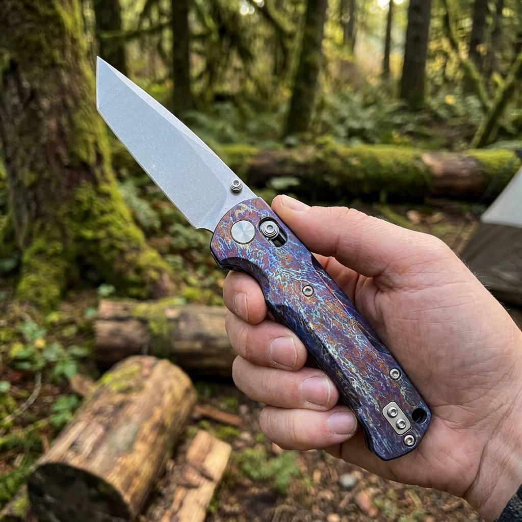 Tunafire Knife GT-T0039-1 VG-10 Steel Folding Knife, Puple Titanium Alloy Handle with Lightning Pattern, Ceramic Ball Bearing System EDC Pocket Knife