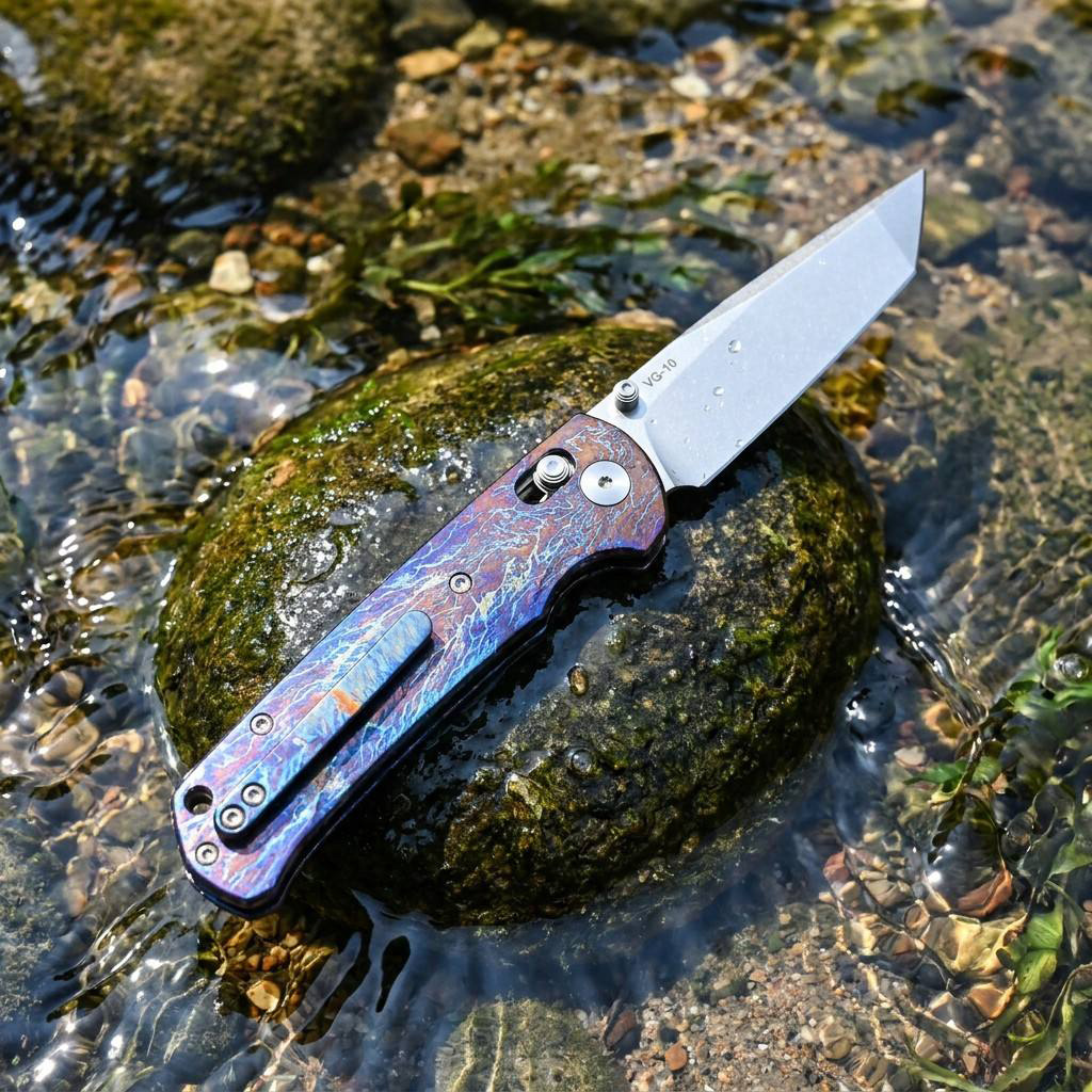 Tunafire Knife GT-T0039-1 VG-10 Steel Folding Knife, Puple Titanium Alloy Handle with Lightning Pattern, Ceramic Ball Bearing System EDC Pocket Knife