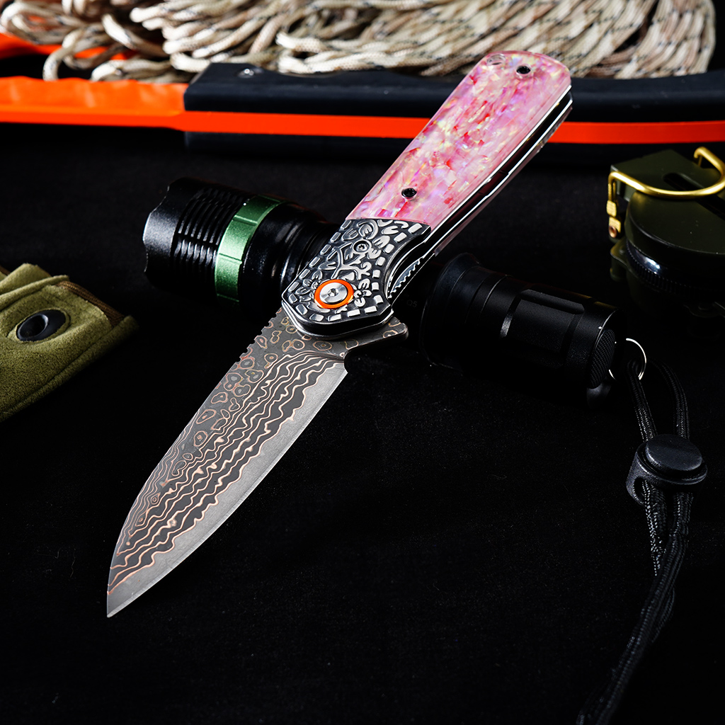 Tunafire Knife GT-DM049 Brass Damascus VG10 Core Pocket Knife Pastel Beads Handle Ball Bearing EDC Utility Knife Camping Knife Gift