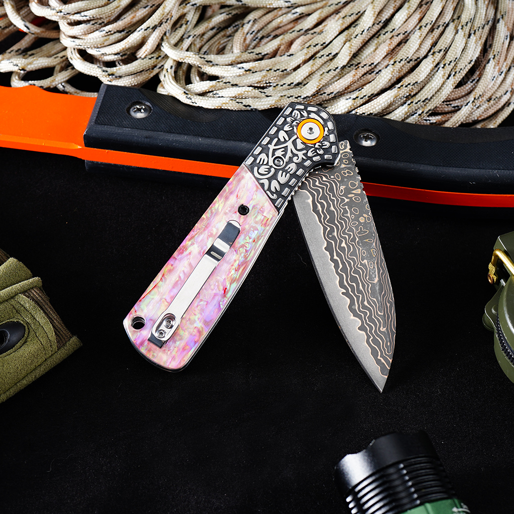 Tunafire Knife GT-DM049 Brass Damascus VG10 Core Pocket Knife Pastel Beads Handle Ball Bearing EDC Utility Knife Camping Knife Gift
