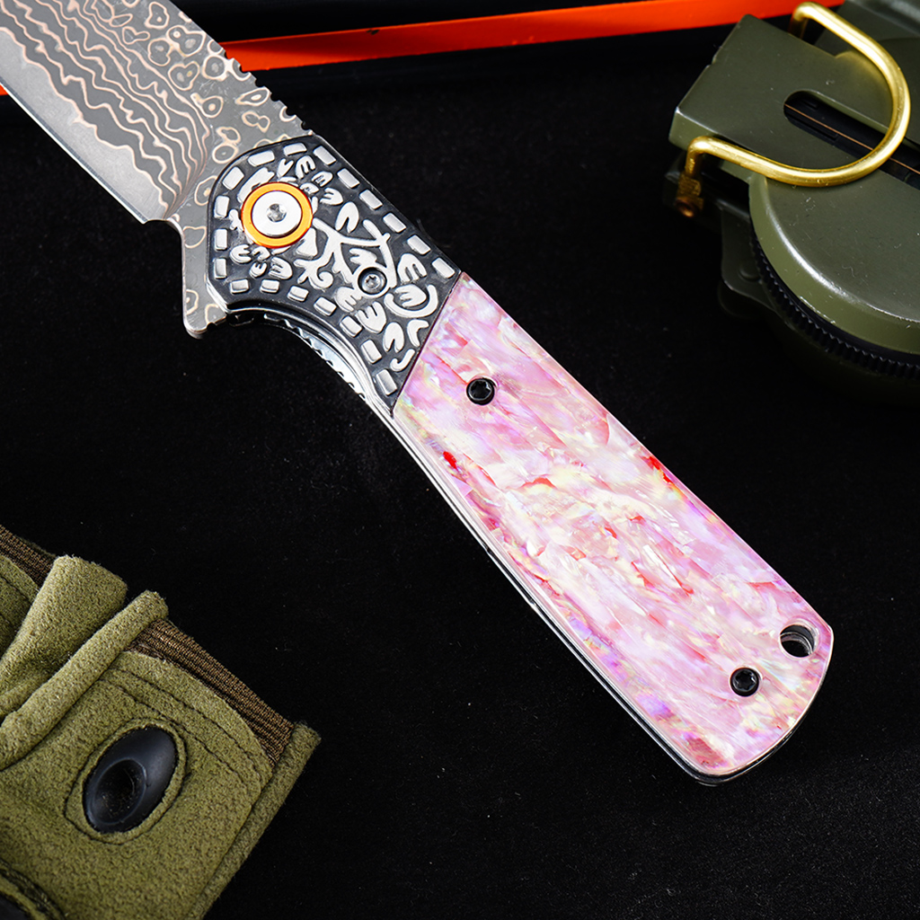 Tunafire Knife GT-DM049 Brass Damascus VG10 Core Pocket Knife Pastel Beads Handle Ball Bearing EDC Utility Knife Camping Knife Gift