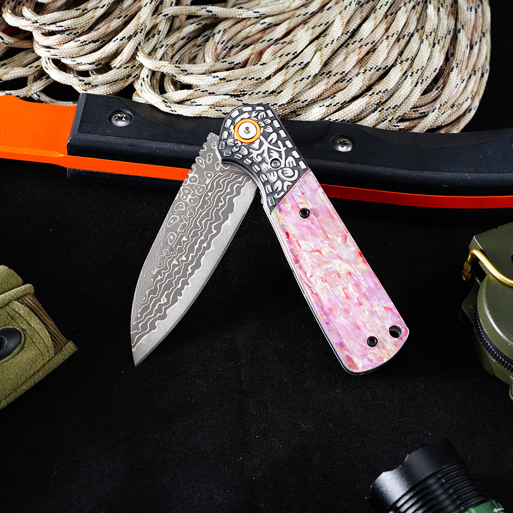 Tunafire Knife GT-DM049 Brass Damascus VG10 Core Pocket Knife Pastel Beads Handle Ball Bearing EDC Utility Knife Camping Knife Gift