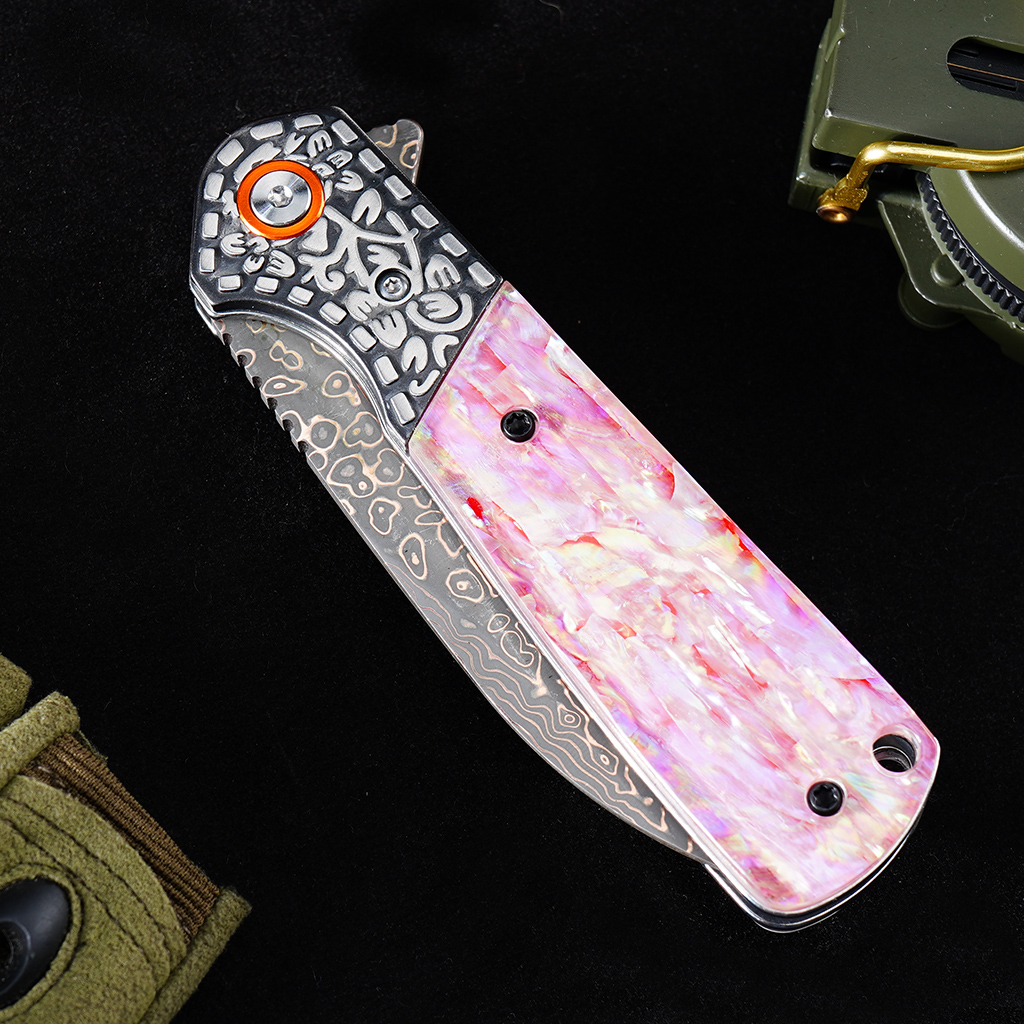 Tunafire Knife GT-DM049 Brass Damascus VG10 Core Pocket Knife Pastel Beads Handle Ball Bearing EDC Utility Knife Camping Knife Gift