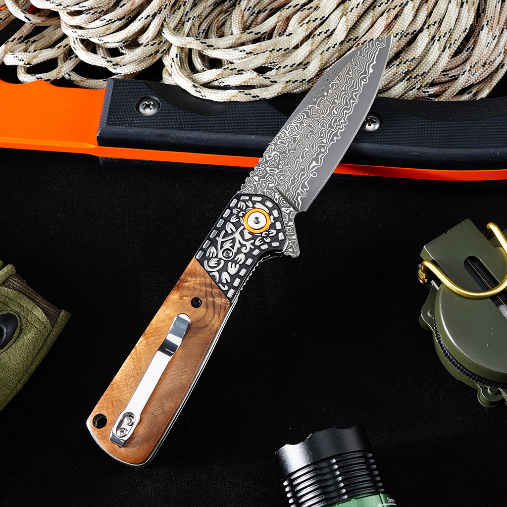 Tunafire GT-DM050 EDC Pocket Folding Knife Ebony Wood Handle 3.31"Damascus Steel Blade Outdoor Survival Tool