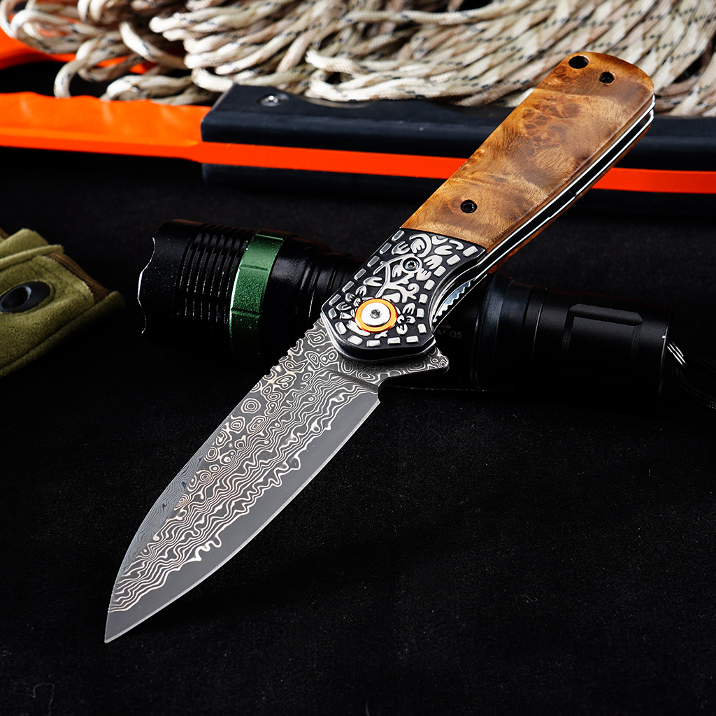 Tunafire GT-DM050 EDC Pocket Folding Knife Ebony Wood Handle 3.31"Damascus Steel Blade Outdoor Survival Tool