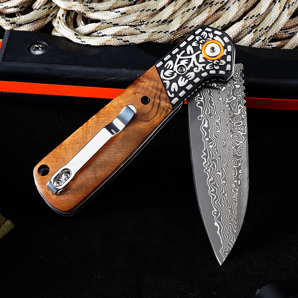 Tunafire GT-DM050 EDC Pocket Folding Knife Ebony Wood Handle 3.31"Damascus Steel Blade Outdoor Survival Tool