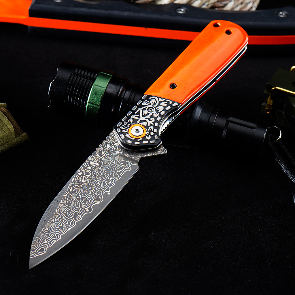 Tunafire Knives Flipper Folding Knife 3.31" Damascus Blade Orange Bone Handle Camping Hiking Pocket Knife GT-DM050