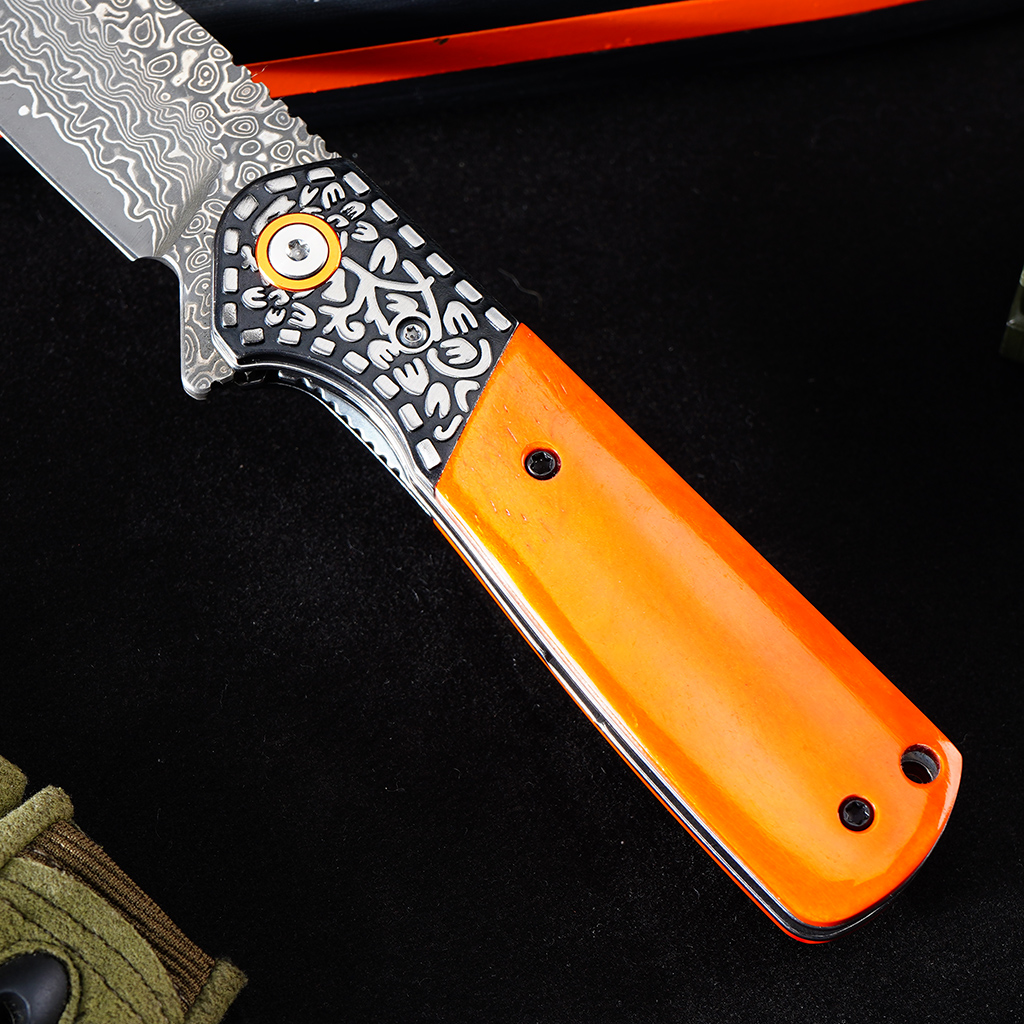 Tunafire Knives Flipper Folding Knife 3.31" Damascus Blade Orange Bone Handle Camping Hiking Pocket Knife GT-DM050