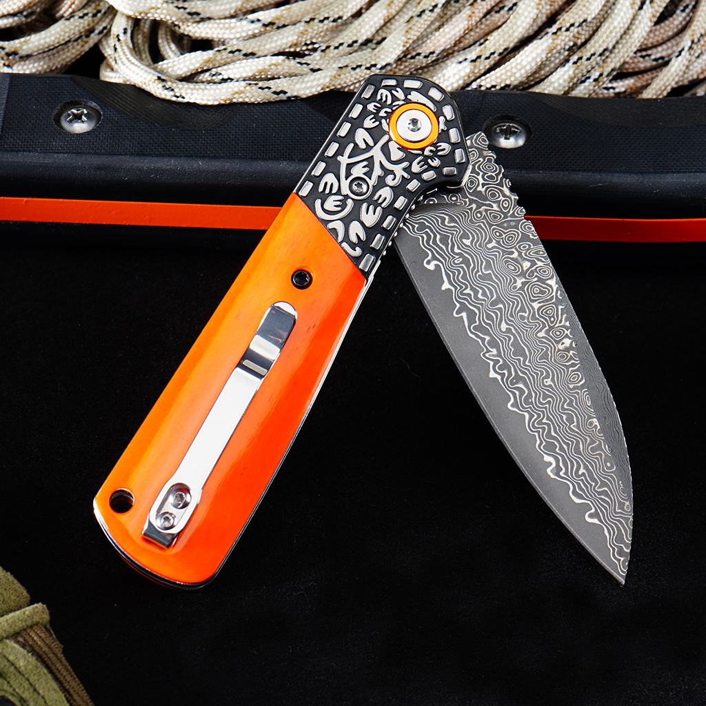 Tunafire Knives Flipper Folding Knife 3.31" Damascus Blade Orange Bone Handle Camping Hiking Pocket Knife GT-DM050