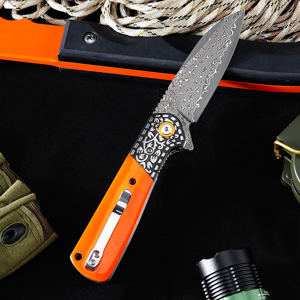 Tunafire Knives Flipper Folding Knife 3.31" Damascus Blade Orange Bone Handle Camping Hiking Pocket Knife GT-DM050