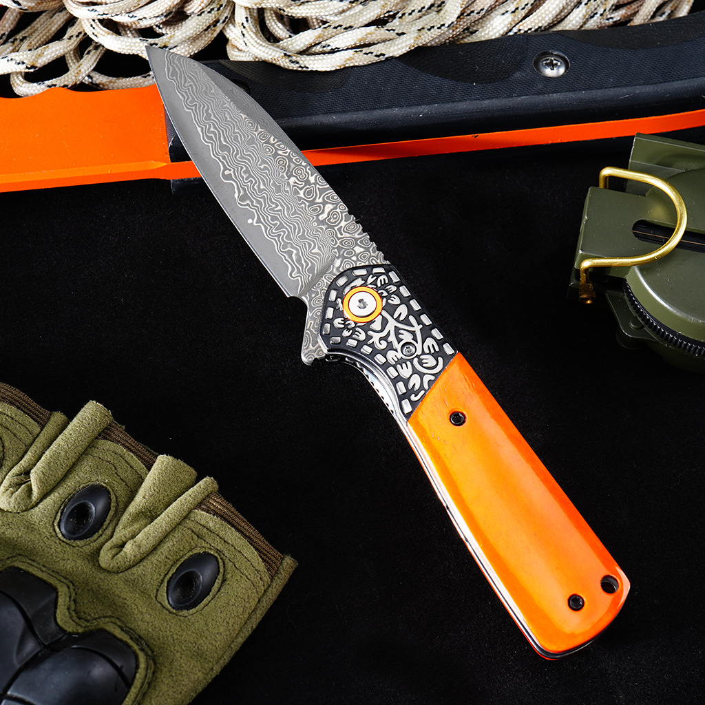 Tunafire Knives Flipper Folding Knife 3.31" Damascus Blade Orange Bone Handle Camping Hiking Pocket Knife GT-DM050