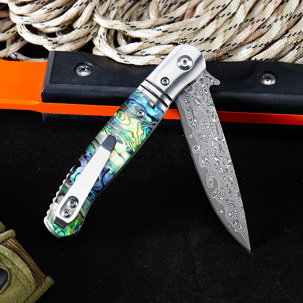 Tunafire Knife GT0214 ball bearing Damascus folding pocket knife CNC ground blade 3A color shell handle collectible EDC knife