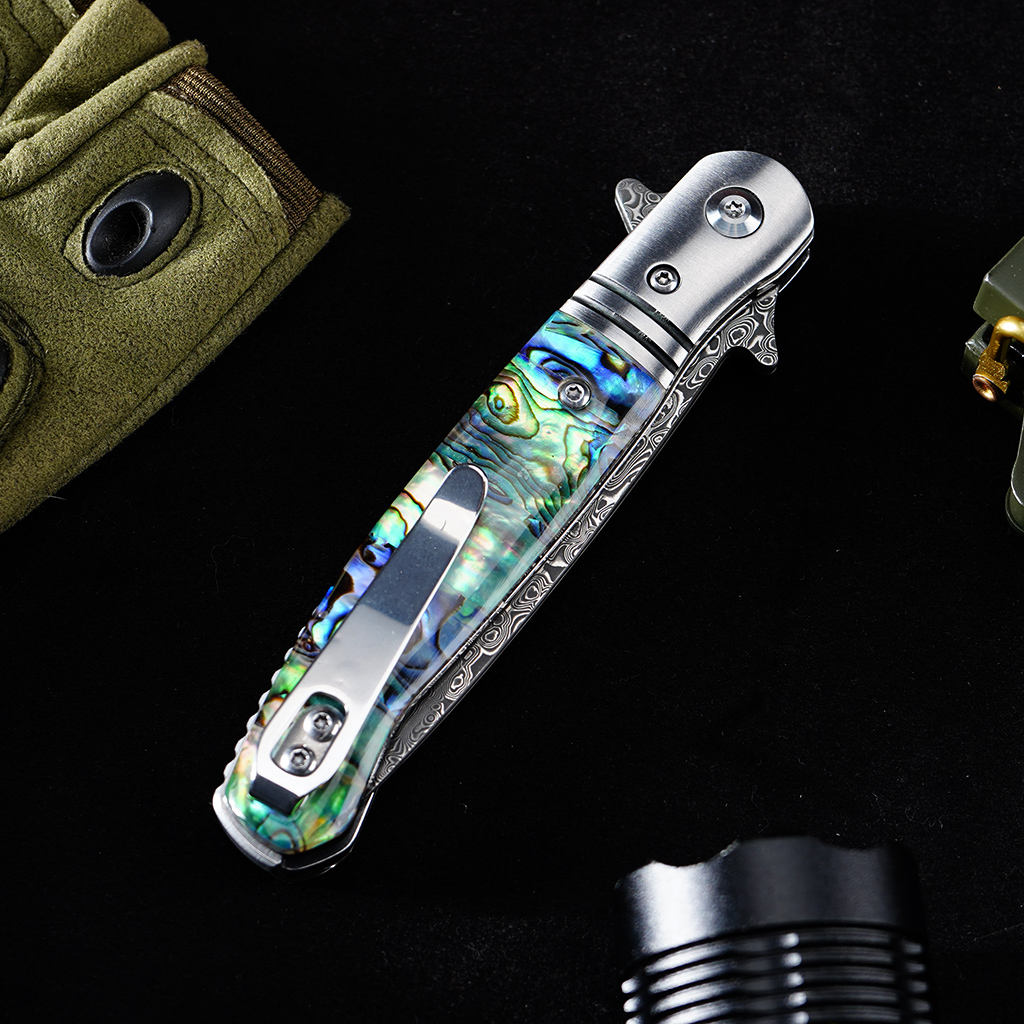Tunafire Knife GT0214 ball bearing Damascus folding pocket knife CNC ground blade 3A color shell handle collectible EDC knife
