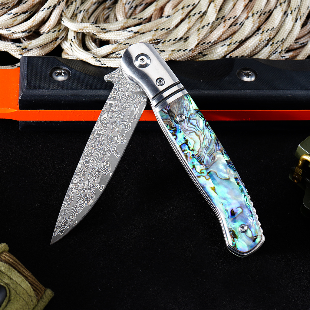 Tunafire Knife GT0214 ball bearing Damascus folding pocket knife CNC ground blade 3A color shell handle collectible EDC knife