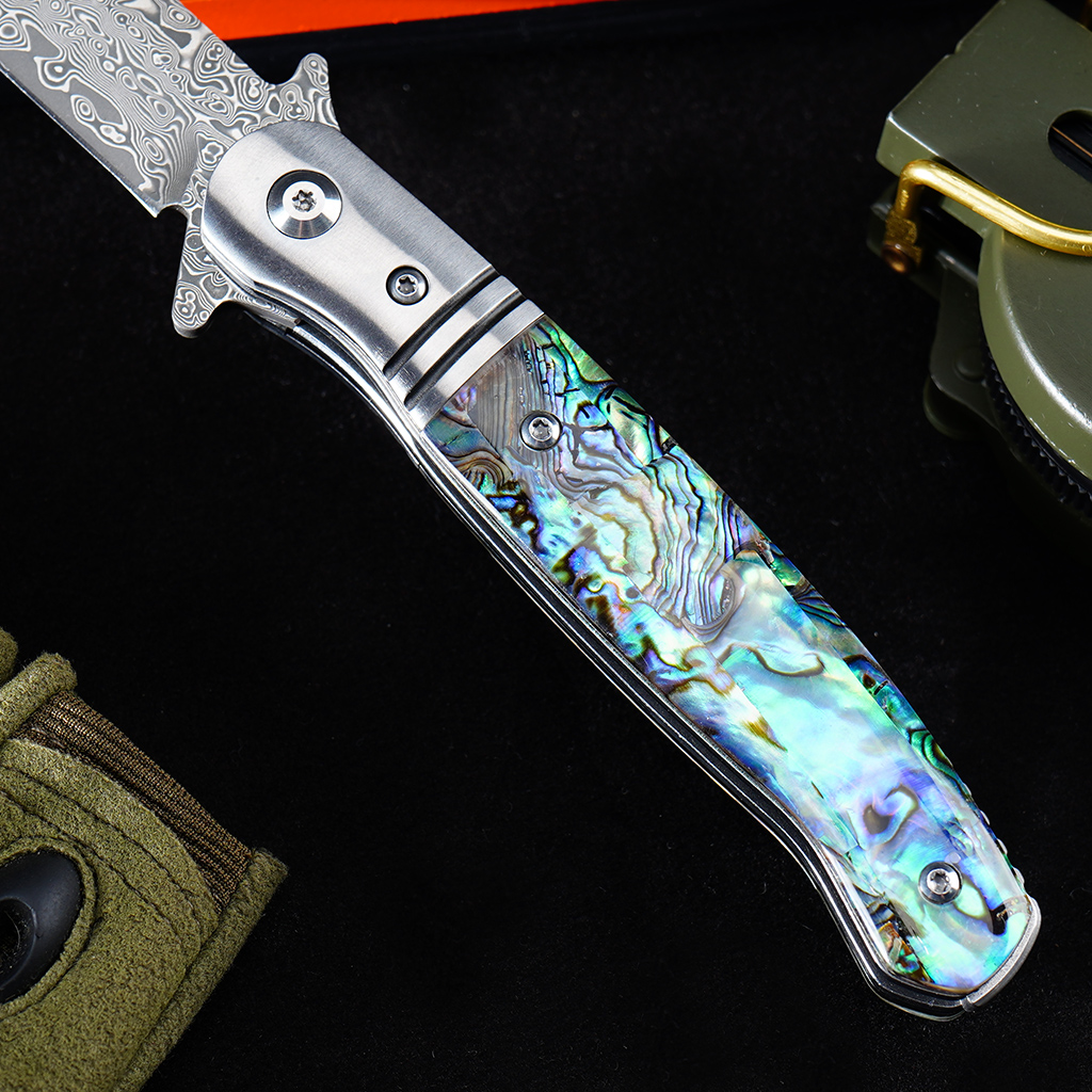 Tunafire Knife GT0214 ball bearing Damascus folding pocket knife CNC ground blade 3A color shell handle collectible EDC knife