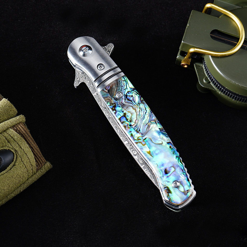 Tunafire Knife GT0214 ball bearing Damascus folding pocket knife CNC ground blade 3A color shell handle collectible EDC knife