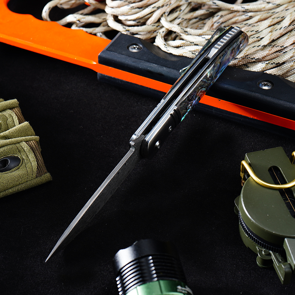 Tunafire Knife GT0214 ball bearing Damascus folding pocket knife CNC ground blade 3A color shell handle collectible EDC knife