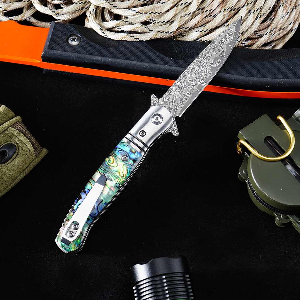Tunafire Knife GT0214 ball bearing Damascus folding pocket knife CNC ground blade 3A color shell handle collectible EDC knife