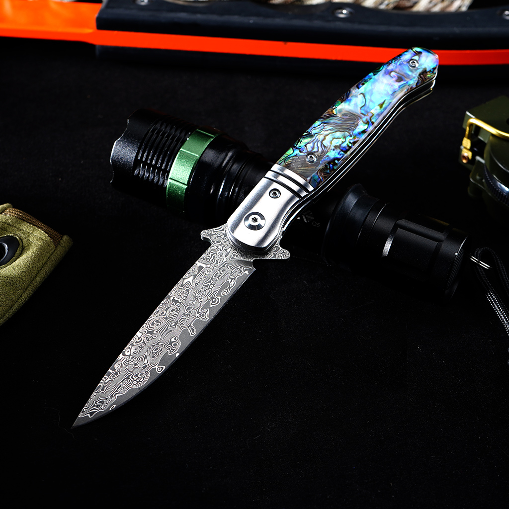 Tunafire Knife GT0214 ball bearing Damascus folding pocket knife CNC ground blade 3A color shell handle collectible EDC knife